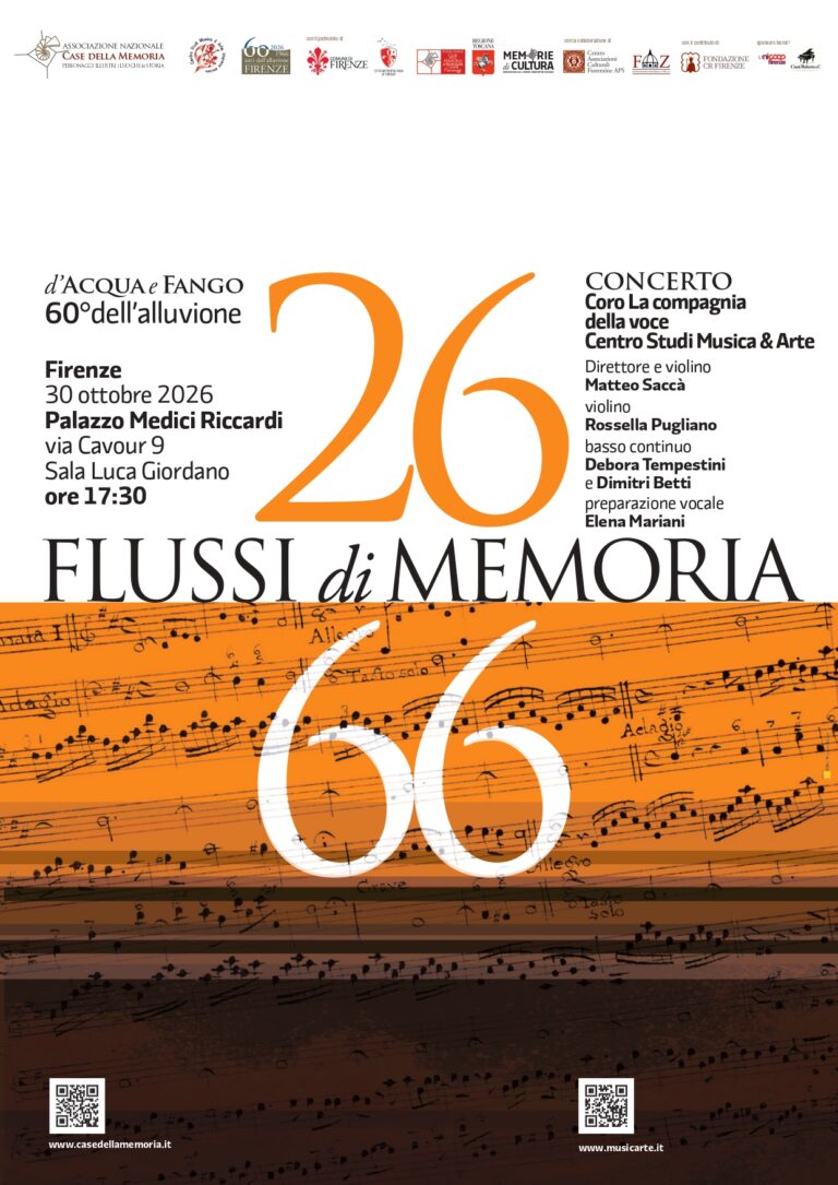 locandina del concerto 'flussi di memoria', al centro grande '26', sotto al quale grande '66'