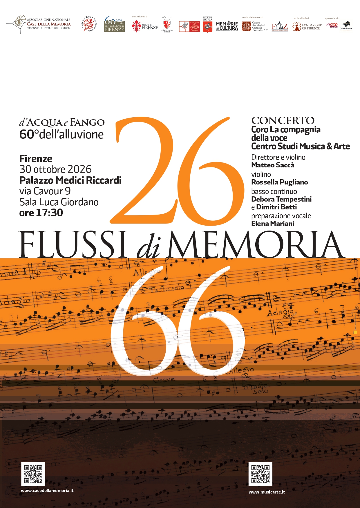 locandina del concerto 'flussi di memoria', al centro grande '26', sotto al quale grande '66'