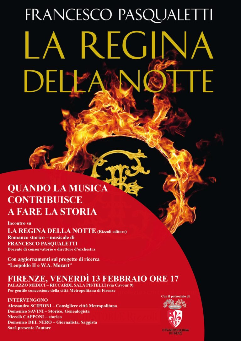 locandina con indicazioni sulla presentazione del libro "la regina della notte" di venerdì 13 febbraio in sala Pistelli