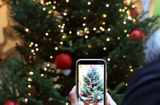 primo piano del telefonino che inquadra l'albero addobbato nel cortile di Michelozzo