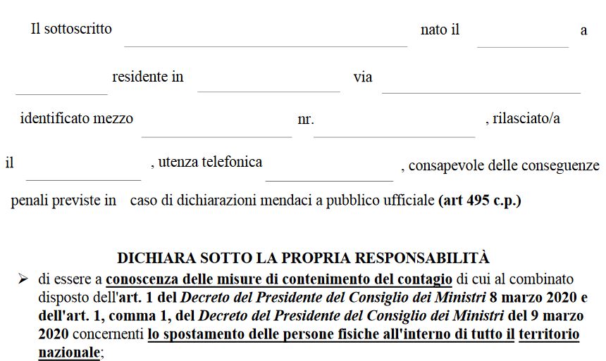 Nuovo modello di autodichiarazione spostamenti