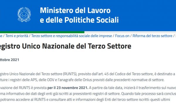 Pagina del RUNTS sul sito del Ministero del Lavoro