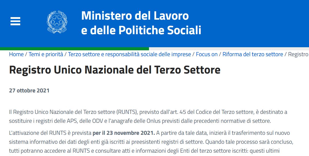 Pagina del RUNTS sul sito del Ministero del Lavoro