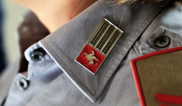 dettaglio del colletto della divisa della Polizia Metropolitana: camicia grigia con spilla con Pegaso su sfondo rosso