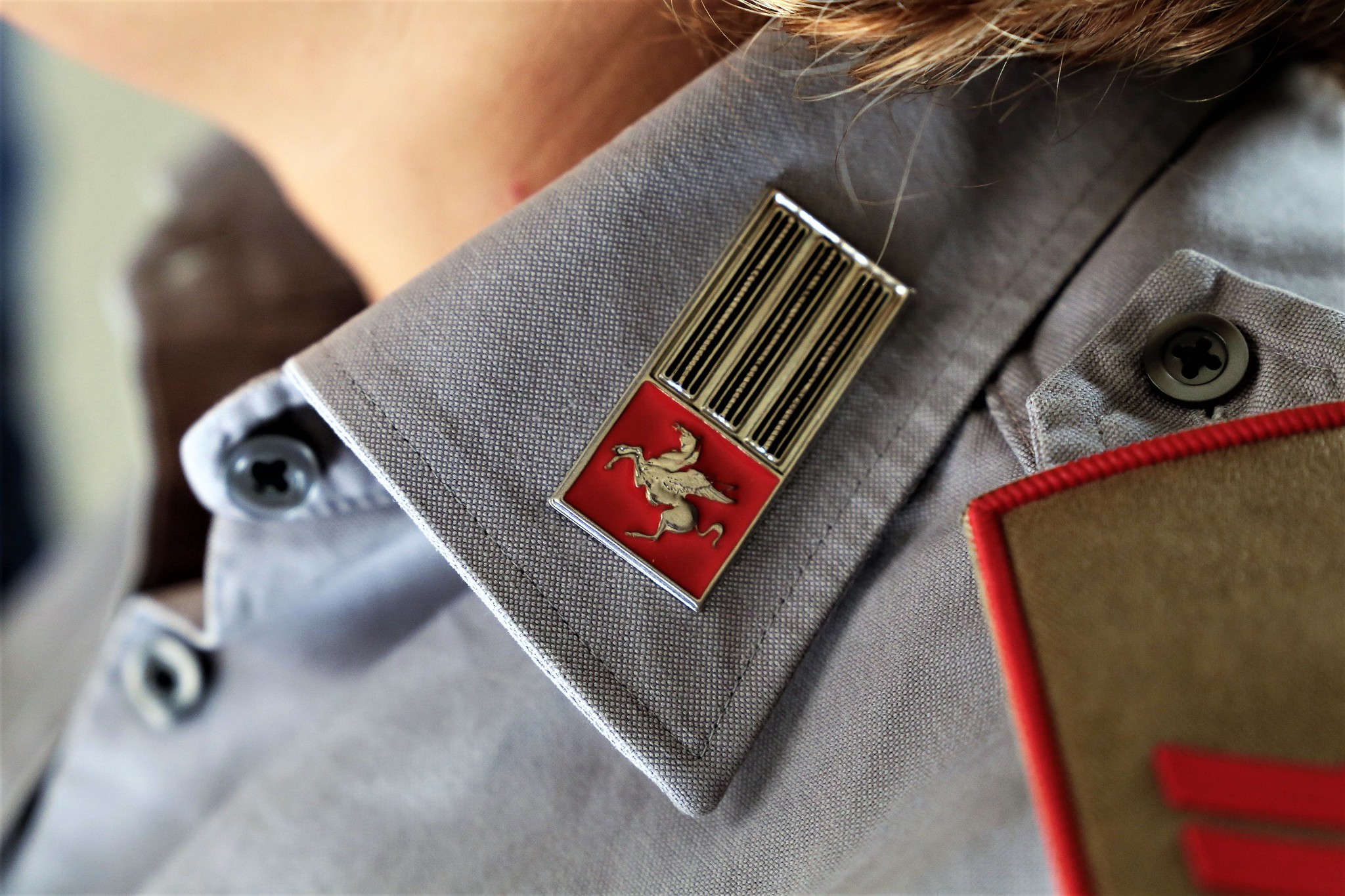 dettaglio del colletto della divisa della Polizia Metropolitana: camicia grigia con spilla con Pegaso su sfondo rosso