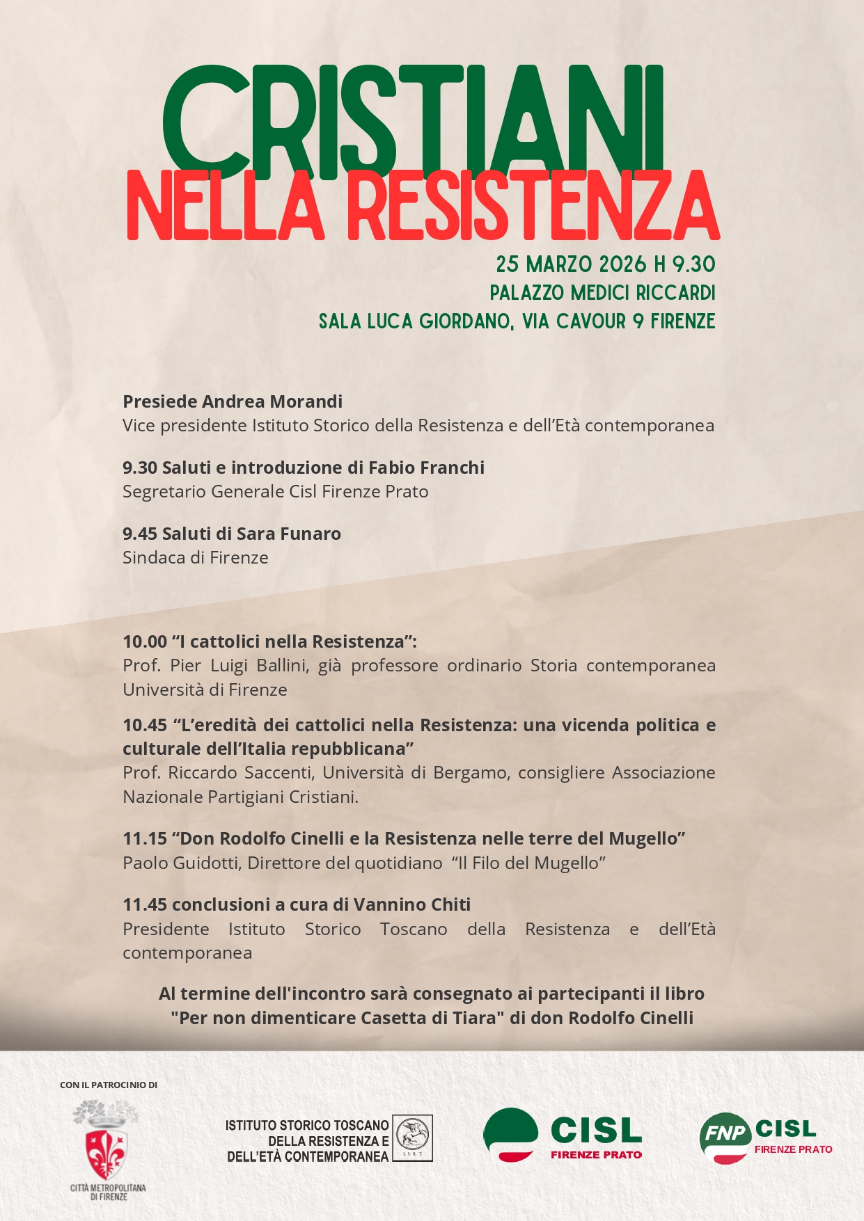 locandina con programma del seminario "cristiani nella resistenza" del 25 marzo in sala Luca Giordano