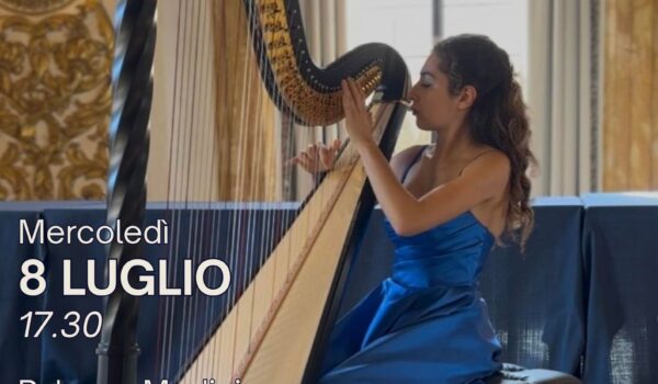 locandina concerto Duo Euterpe 8 luglio, arpista e arpa