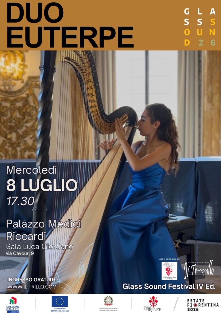 locandina concerto Duo Euterpe 8 luglio, arpista e arpa