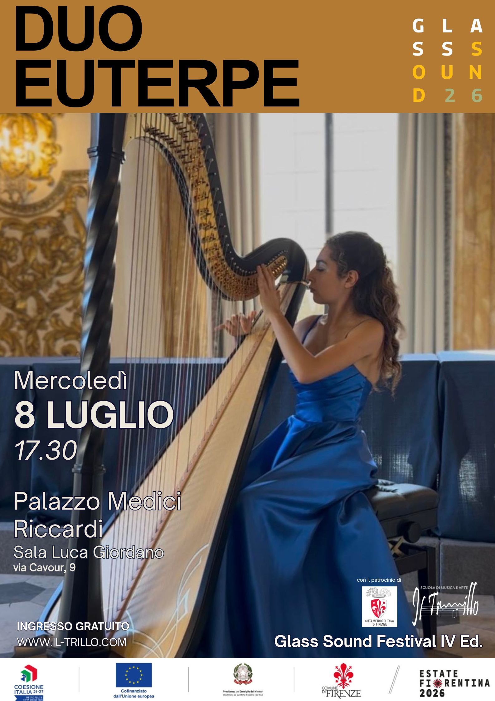 locandina concerto Duo Euterpe 8 luglio, arpista e arpa