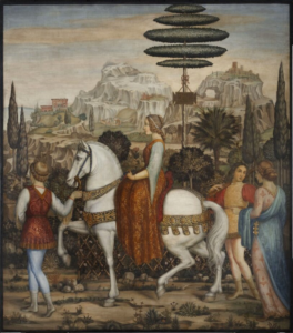 Federigo Angeli, Dama a cavallo con corteo cavalleresco, tempera grassa su tela, 1931