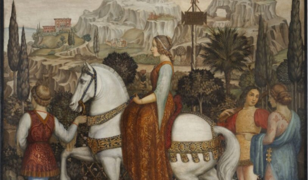 Federigo Angeli, Dama a cavallo con corteo cavalleresco, tempera grassa su tela, 1931