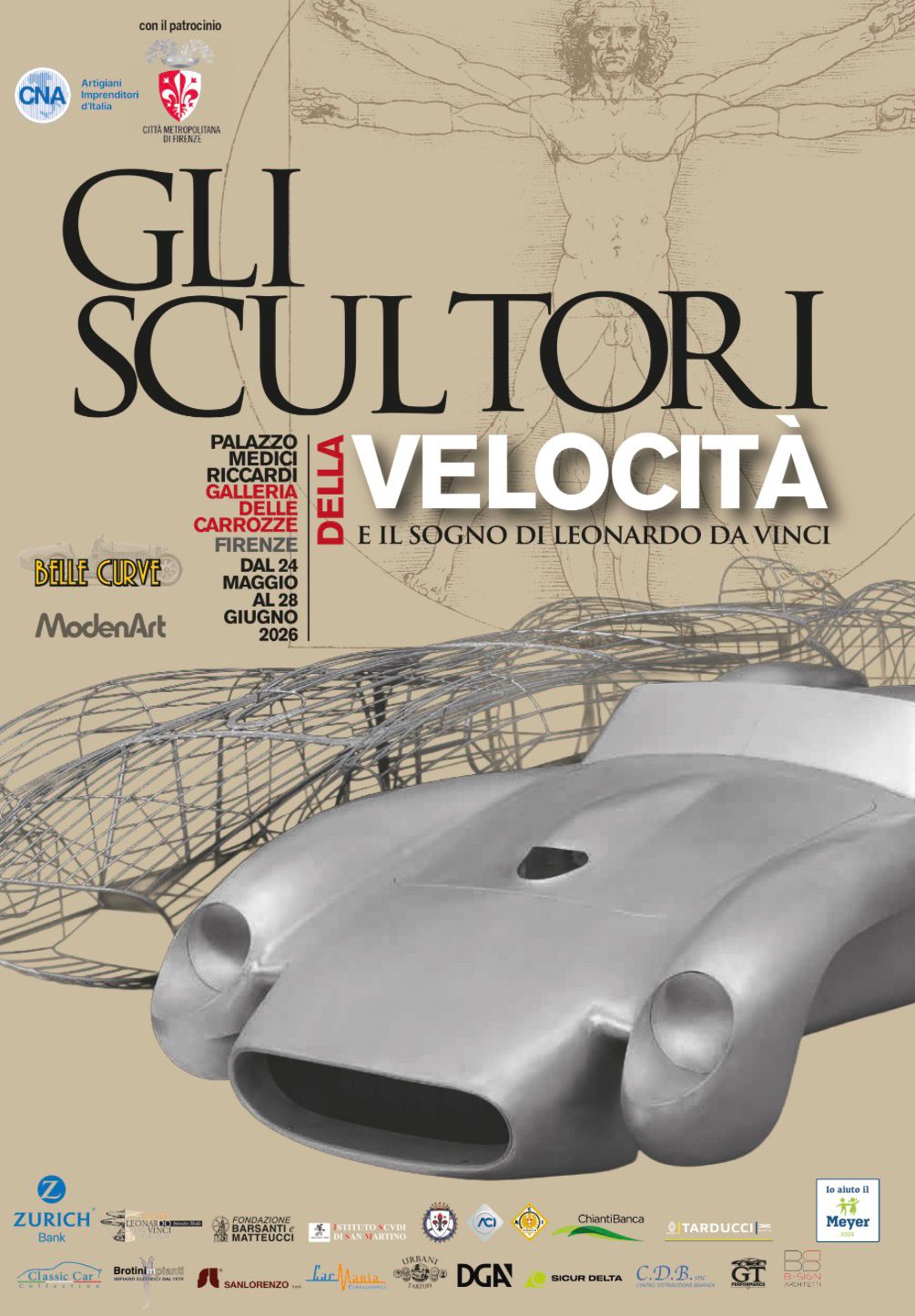 locandina mostra gli scultori della velocità, in primo piano auto d'epoca
