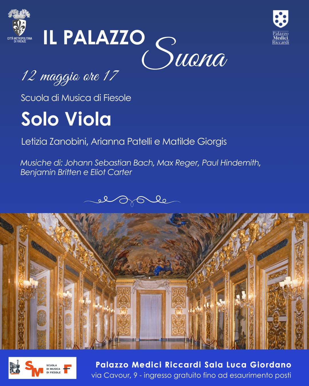 locandina dell'evento con indicazioni e salone degli specchi, con decorazioni barocce dorate e volta affrescata da Luca Giordano