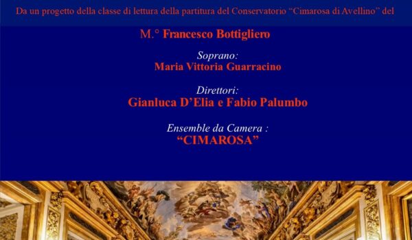 locandina con informazioni sul concerto del 5 giugno 2026 e foto del salone Luca Giordano che lo ospiterà