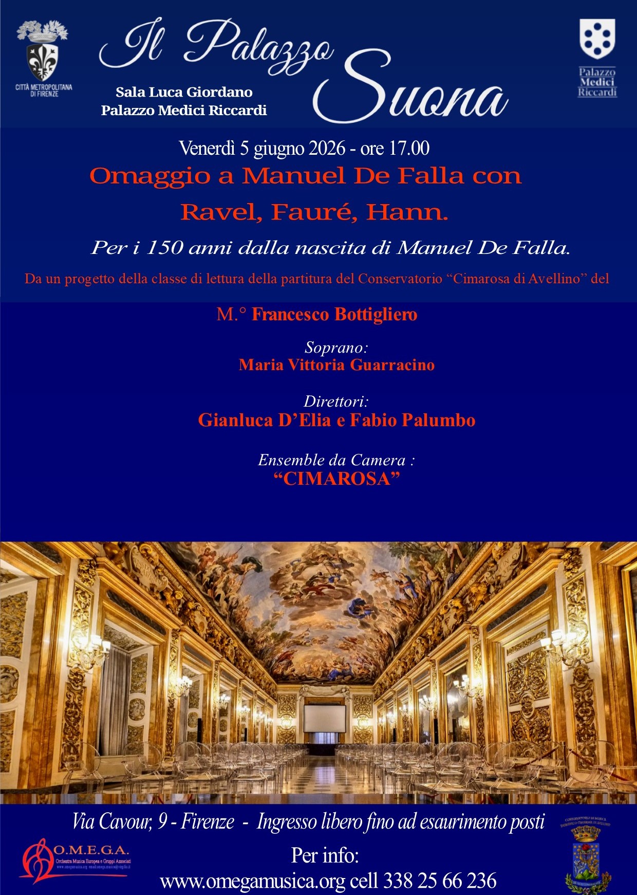 locandina con informazioni sul concerto del 5 giugno 2026 e foto del salone Luca Giordano che lo ospiterà