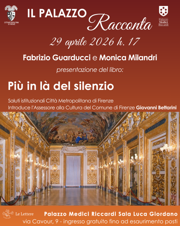 locandina con informazioni sull'eventodi presentazione del libro "più in là del silenzio" di Guarducci e Milandri, il 29 aprile alle 17, con foto del salone Luca Giordano che lo ospiterà