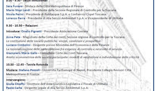 locandina del convegno Società pubbliche tra costituzione e razionalizzazione: l’applicazione degli articoli 5 e 20 del Tusp che si terrà il 28 novembre 2025, dalle ore 9 alle ore 13, in Palazzo Medici Riccardi