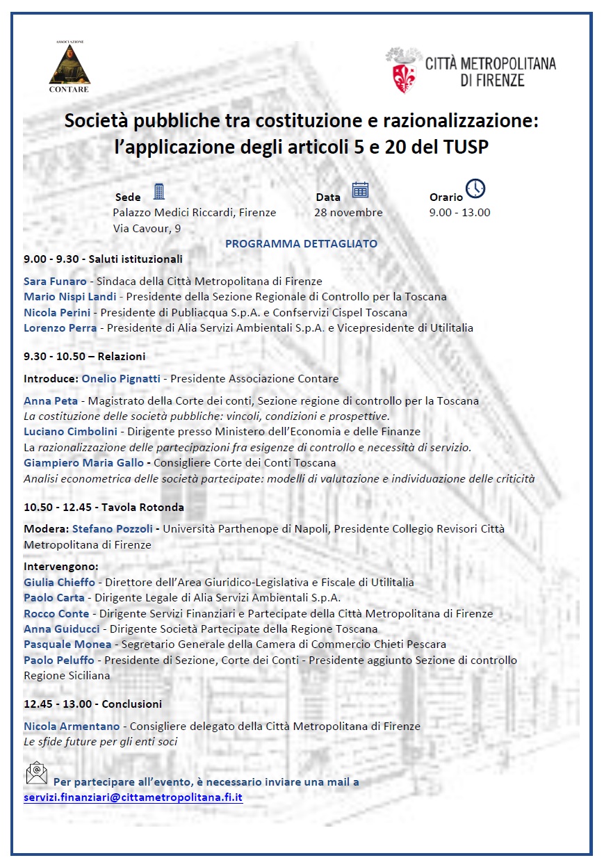 locandina del convegno Società pubbliche tra costituzione e razionalizzazione: l’applicazione degli articoli 5 e 20 del Tusp che si terrà il 28 novembre 2025, dalle ore 9 alle ore 13, in Palazzo Medici Riccardi