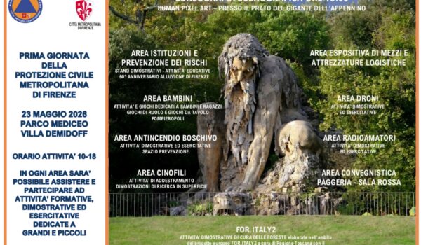 il programma della prima Giornata di Protezione Civile, sullo sfondo il gigante dell'appennino del gianbologna