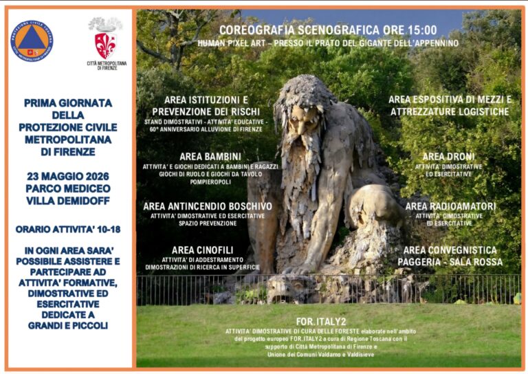 il programma della prima Giornata di Protezione Civile, sullo sfondo il gigante dell'appennino del gianbologna