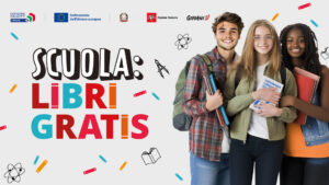 banner con tre studenti e la scritta: scuola: libri gratis
