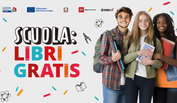 banner con tre studenti e la scritta: scuola: libri gratis