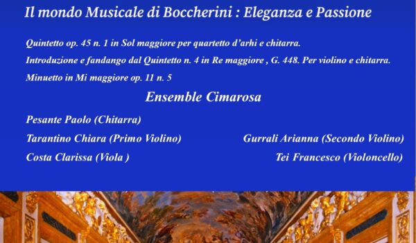 locandina con informazioni sull'evento "il mondo musicale di Boccherini" del 10 aprile 2026e foto del salone Luca Giordano che lo ospiterà