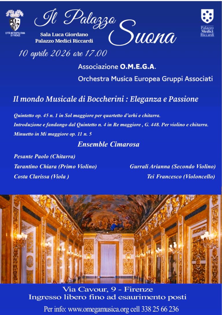locandina con informazioni sull'evento "il mondo musicale di Boccherini" del 10 aprile 2026e foto del salone Luca Giordano che lo ospiterà