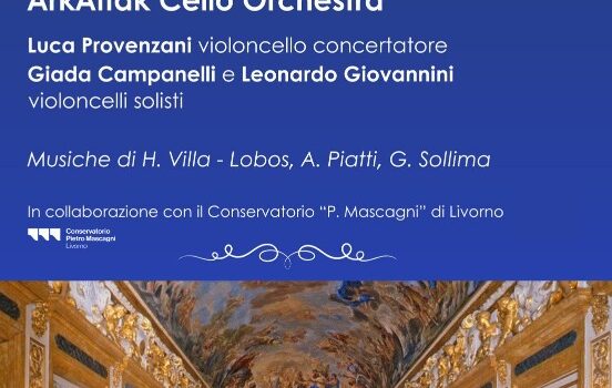 locandina con informazioni sul Concerto ArkAttak Cello Orchestra e foto del salone Luca Giordano che lo ospiterà