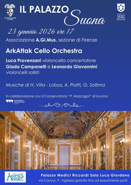 locandina con informazioni sul Concerto ArkAttak Cello Orchestra e foto del salone Luca Giordano che lo ospiterà