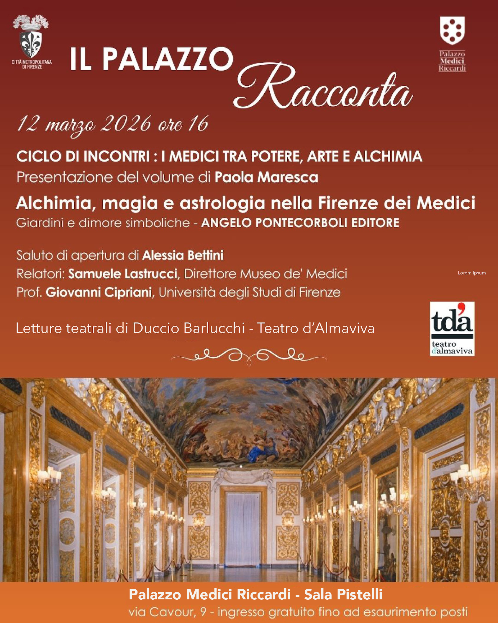 Locandina Il Palazzo Racconta - I Medici tra potere arte e alchimia, di paola maresca, il 12 marzo alle 16