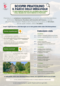 locandina con calendario delle visite e foto del Gigante dell'Appennino, statua colossale che si affaccia su uno specchio d'acqua