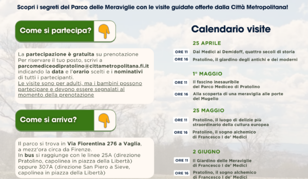 locandina con calendario delle visite e foto del Gigante dell'Appennino, statua colossale che si affaccia su uno specchio d'acqua