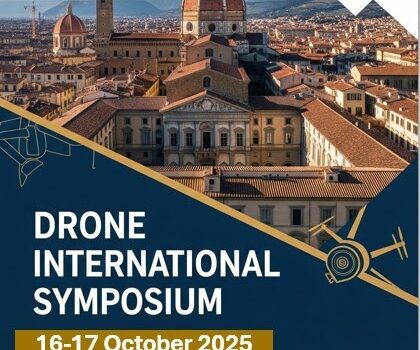 Locandina The Impact of Drone Technology on Society benefits and challenge -veduta di Firenze dall'alto, nell'angolo sinistro indicazioni del simposio 16-17 ottobre -, in alto loghi organizzatori