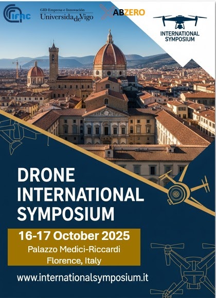 Locandina The Impact of Drone Technology on Society benefits and challenge -veduta di Firenze dall'alto, nell'angolo sinistro indicazioni del simposio 16-17 ottobre -, in alto loghi organizzatori