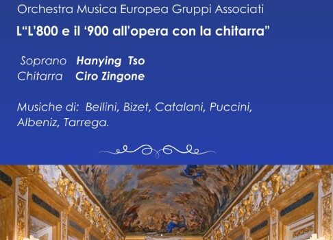 Locandina concerto L’800 e il ‘900 all’opera con la chitarra 13 febbraio 2026 con foto della sala giordano