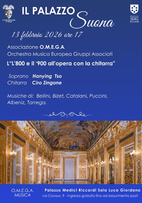 Locandina concerto L’800 e il ‘900 all’opera con la chitarra 13 febbraio 2026 con foto della sala giordano