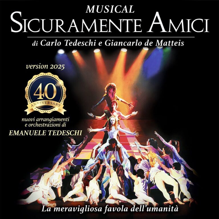 locandina musical "sicuramente amici", su sfondo nero, un gruppo di ballerini a piramide