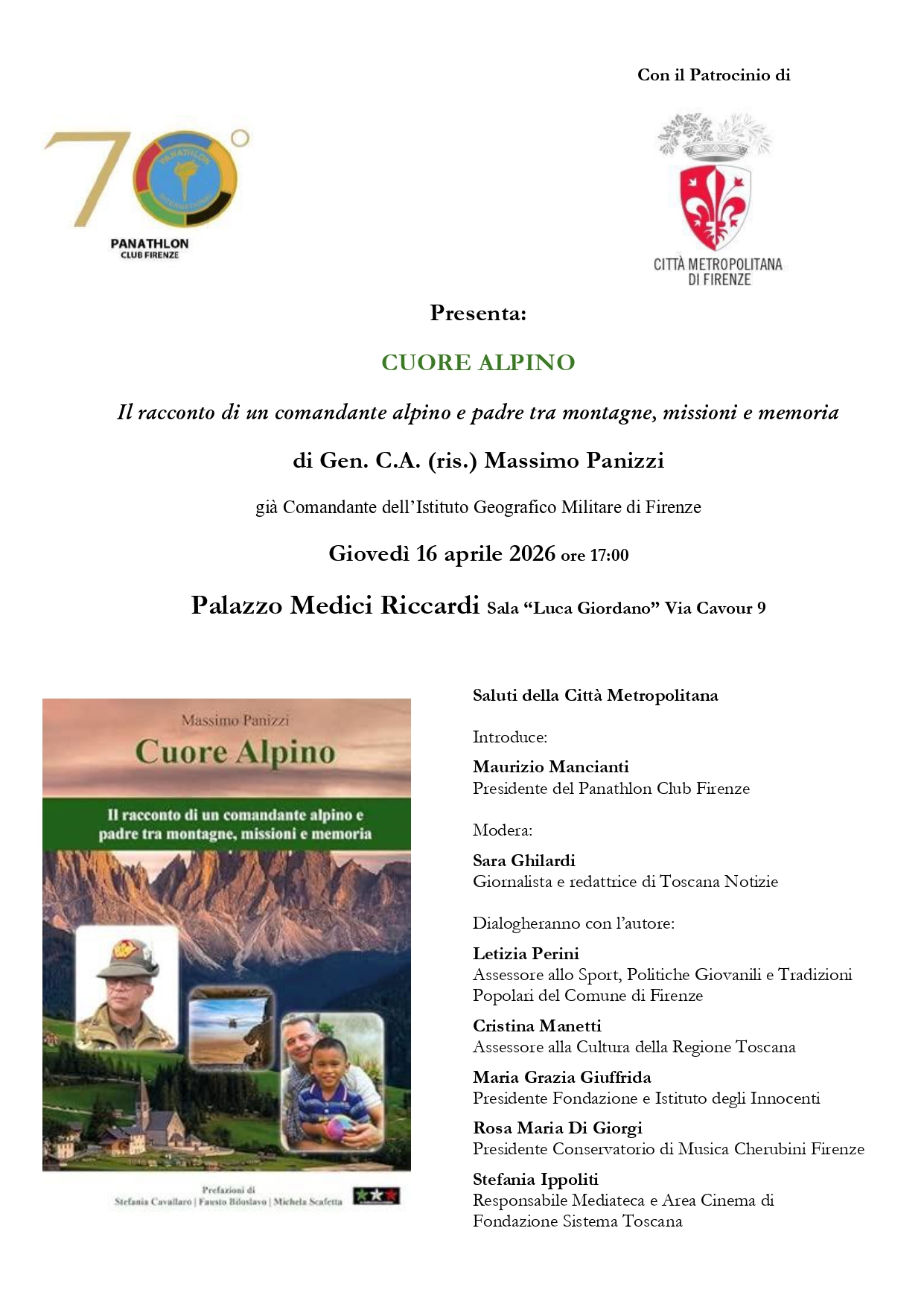 Locandina evento con indicazioni e copertina del volume