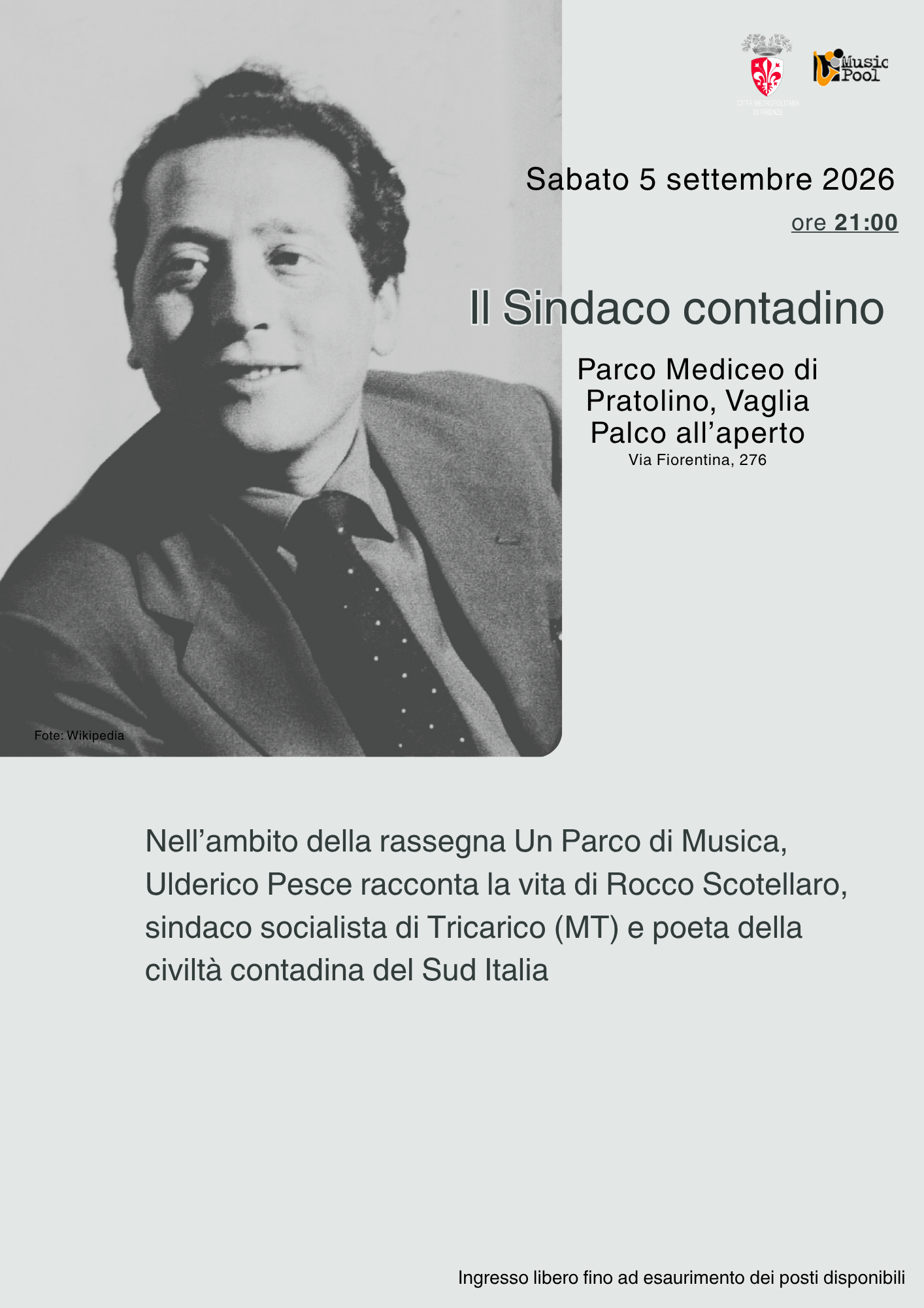 locandina con informazioni sullo spettacolo del 5 settembre e foto di Rocco Scotellaro