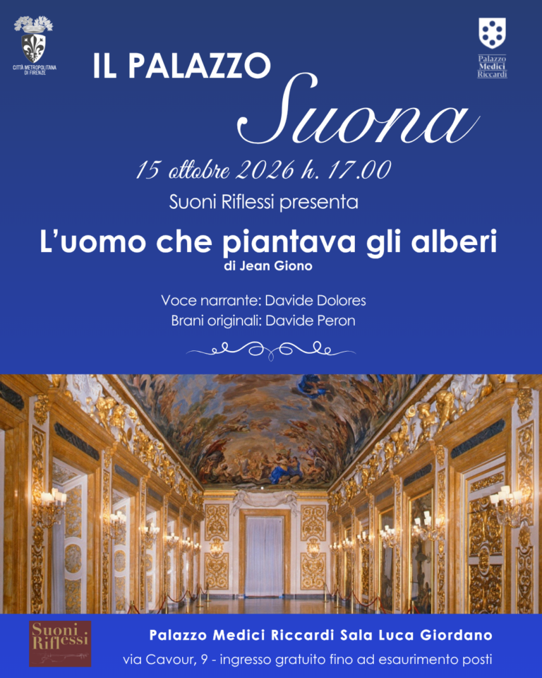 locandina con informazioni sull'evento 'l'uomo che paiantava gli alberi' e foto della sala luca giordano