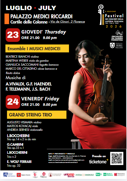 locandina festival della Liuteria con informazioni sui concerti del 23 e del 24 luglio