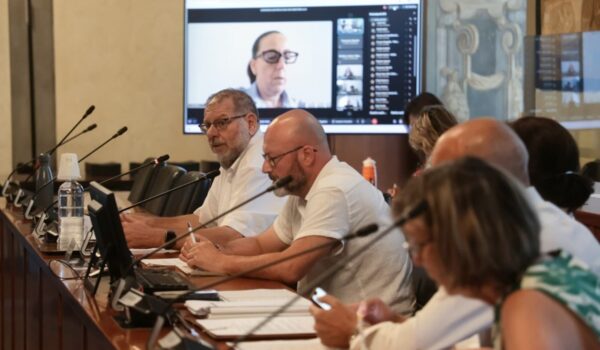 Massimo Fratini e Davide Cardi durante il consiglio metropolitano, sullo sfondo monitor con Sara Funaro che partecipa da remoto