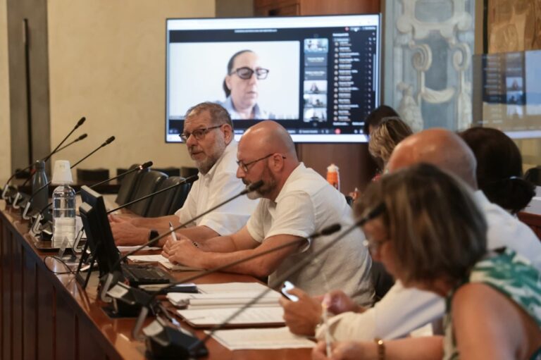 Massimo Fratini e Davide Cardi durante il consiglio metropolitano, sullo sfondo monitor con Sara Funaro che partecipa da remoto