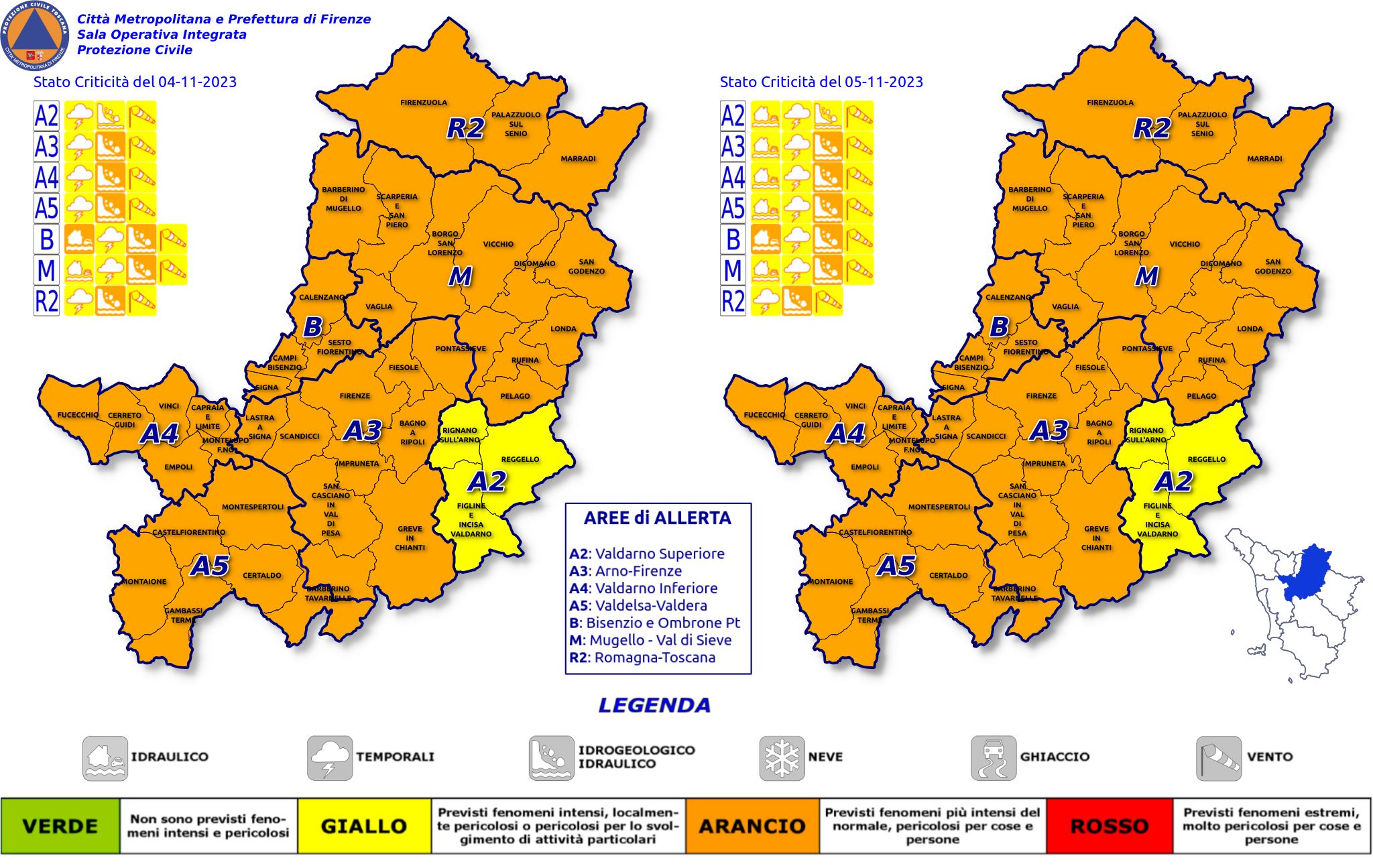 La mappa meteo del territorio metropolitano fiorentino