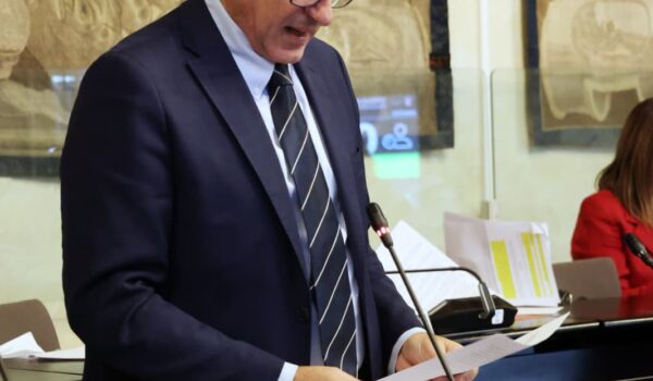Nicola Armentano in piedi davanti al microfono nella sala del Consiglio