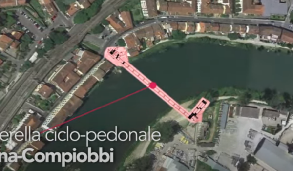 visione aerea del tratto di Arno fra Compiobbi e Vallina, con rendering aggiunta in rosa la passerella ciclo pedonale