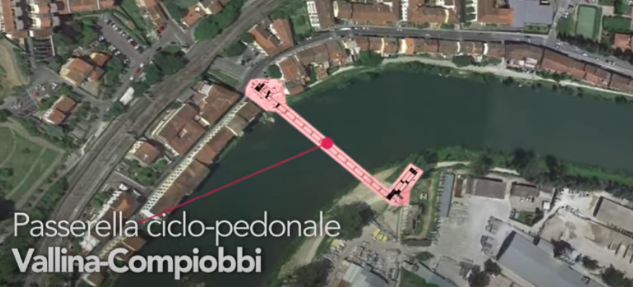 visione aerea del tratto di Arno fra Compiobbi e Vallina, con rendering aggiunta in rosa la passerella ciclo pedonale