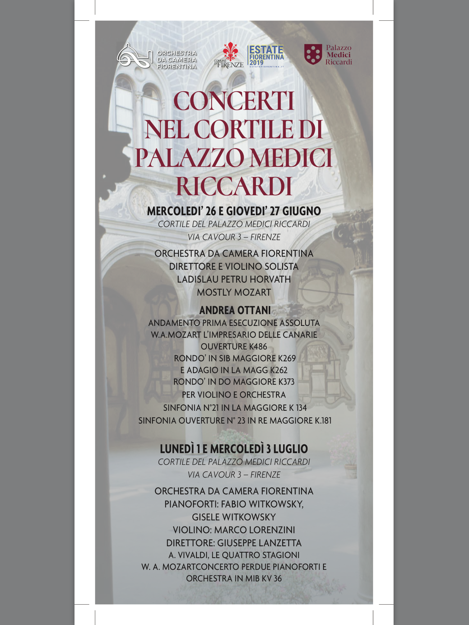 Il programma dei concerti in Palazzo Medici Riccardi
