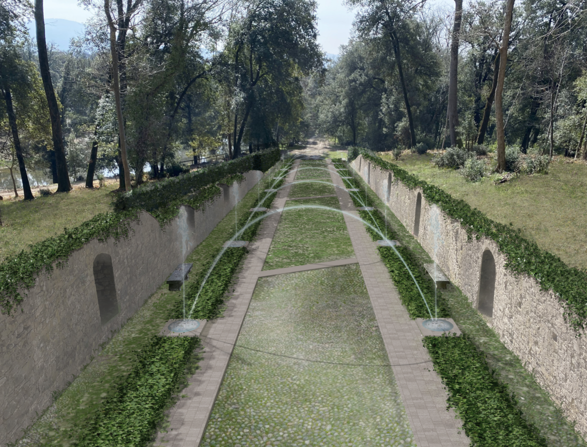 Rendering viale zampilli nel Parco Mediceo di Pratolino